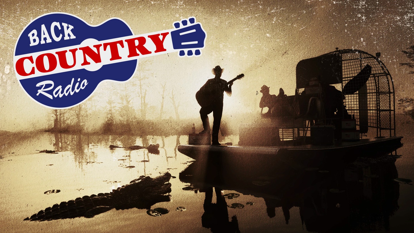Back Country Radio artwork featuring a character’s backlit silhouette holding a guitar on a boat surrounded by gators, and the Back Country Radio logo featuring a red, white, and blue guitar.