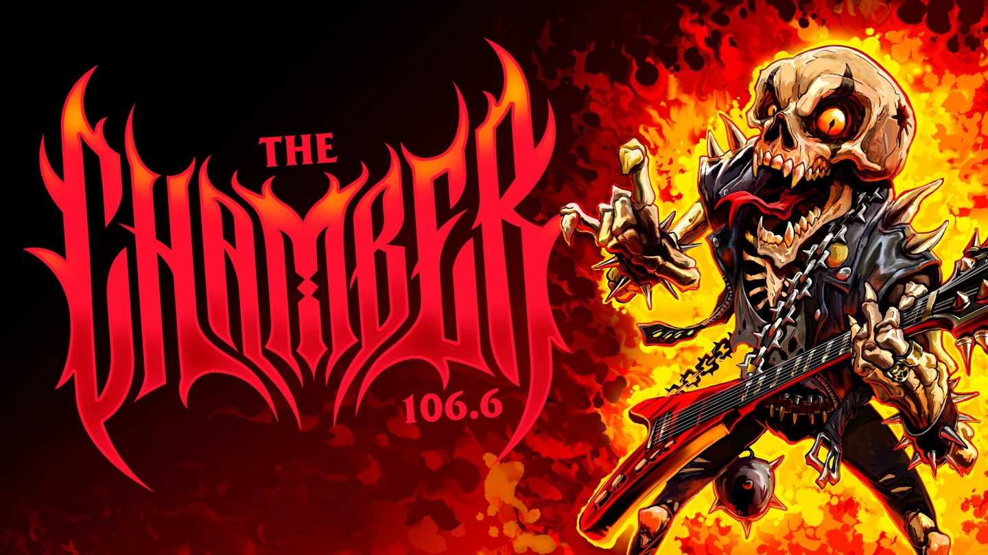 The Chamber 106.6 artwork featuring a skeleton holding a red guitar and The Chamber 106.6 logo featuring a red and orange font.