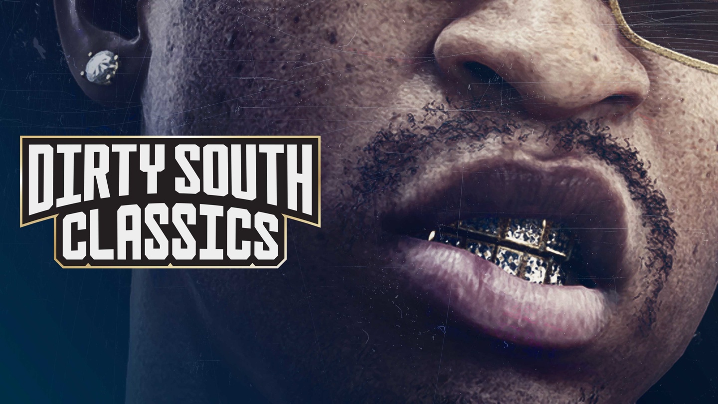 Dirty South Classics artwork featuring a character showing off their mouth grills and the Dirty South Classics logo.