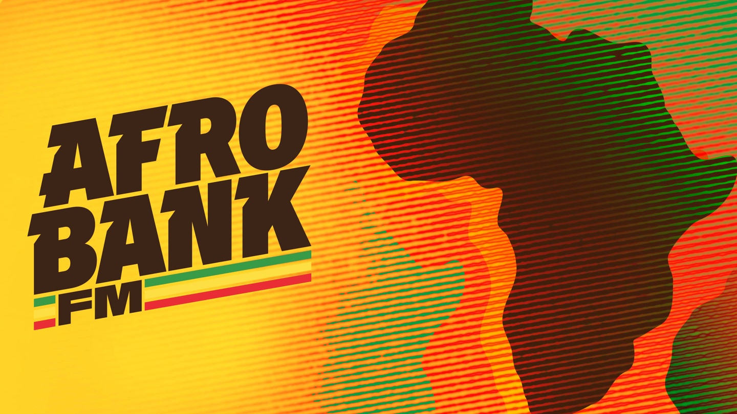 AfroBank FM artwork featuring green, red, and black graphics of Africa and the Afro Bank FM logo.